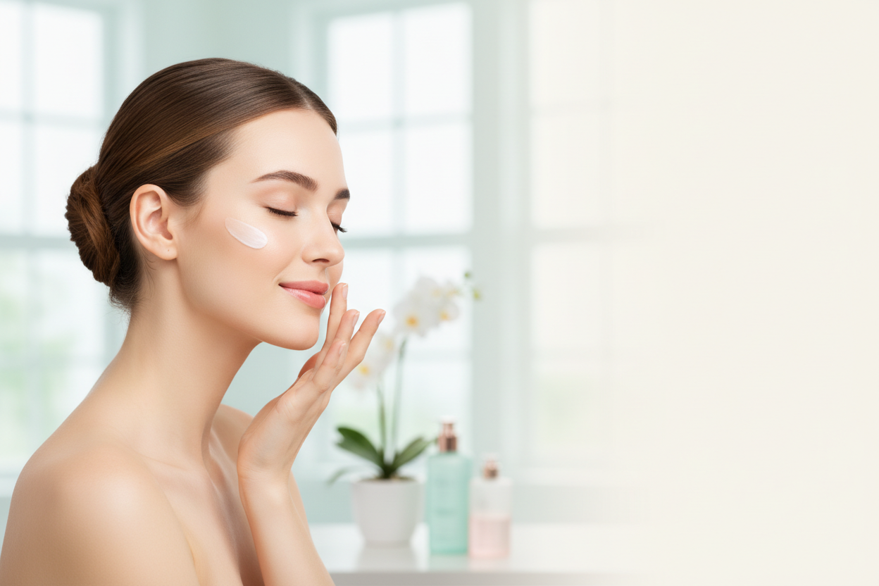 1800x600 size banner skincare applying by girl